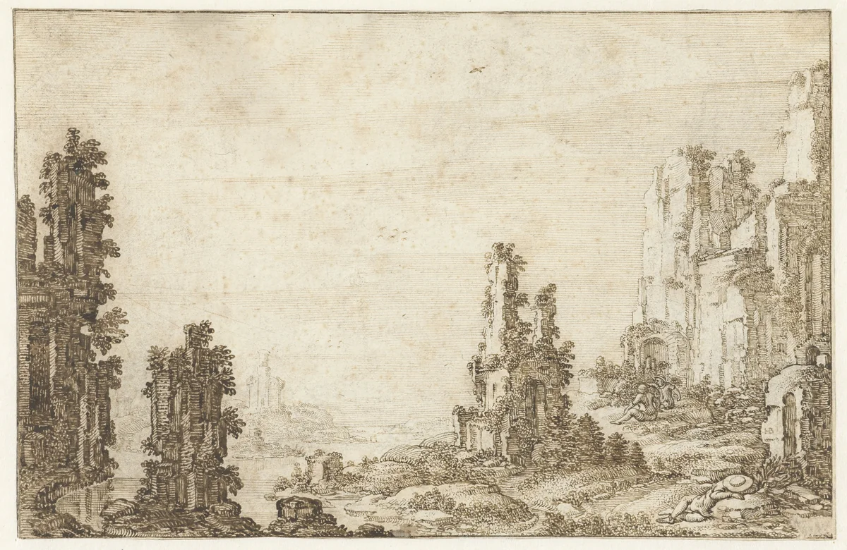 Landschap met ruïnes by Herman Breckerveld, drawing, 1623-1673