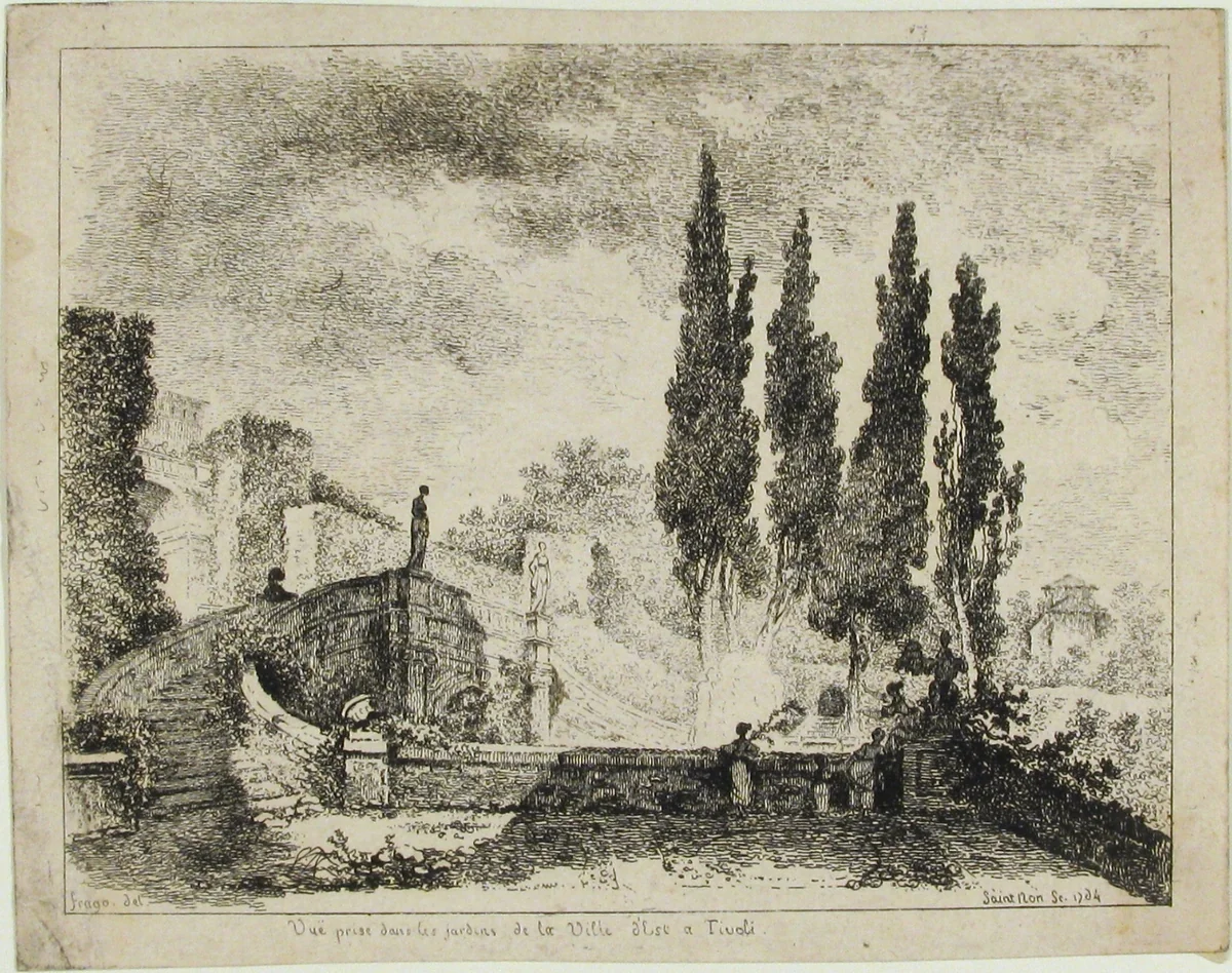 Vue prise dans les jardins de la Ville d'Est a Tivoli by Jean Claude Richard, print, 1764