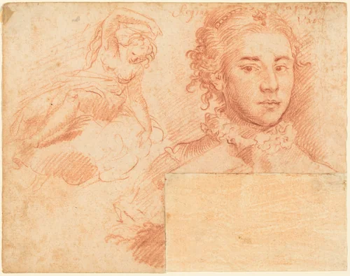 A Portrait of a Queen and a Study of a Woman Seated on a Cloud; verso, Sleeping Figure by Simone Cantarini, drawing, 1612-1648