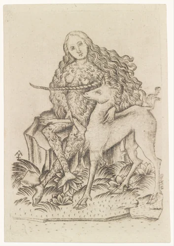 Playing Card, with Wild Woman and Unicorn by Master ES, print, 1445-1467