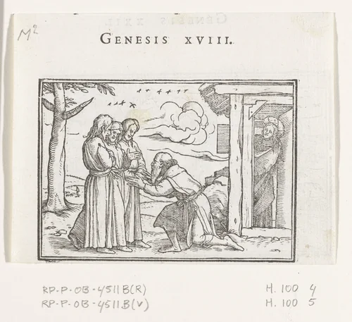 Abraham en de drie engelen by Hans Holbein, print, 1538