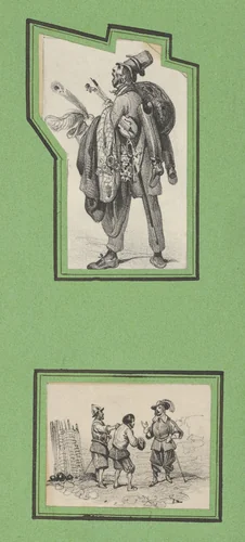 Soldiers and a Peddlar (2 prints of varying size mounted onto a green sheet) by Victor Adam, print, 1820-1866