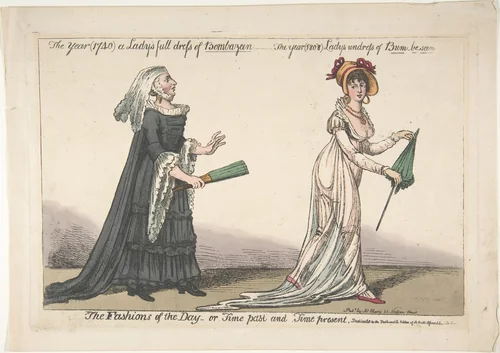 The Fashions of the Day – or Time Past and Time Present: The Year (1740) a Lady's Full Dress of Bombazeen – The Year (1808) Lady's Undress of Bum-be-seen by anonymous, print, 1803-1813