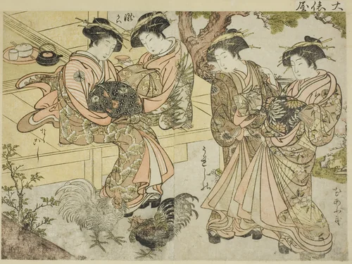Courtesans of Ogiya, from the book "Mirror of Beautiful Women of the Pleasure Quarters (Seiro bijin awase sugata kagami)," vol. 1 by Katsukawa Shunsho (勝川 春章), print, 1776
