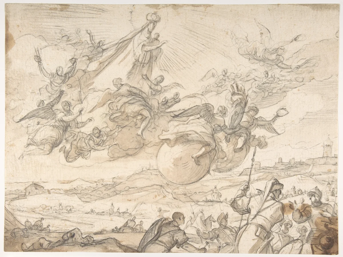 The Virgin Intervening during a Siege of Madrid by Luca Giordano, drawing, 1694-1704