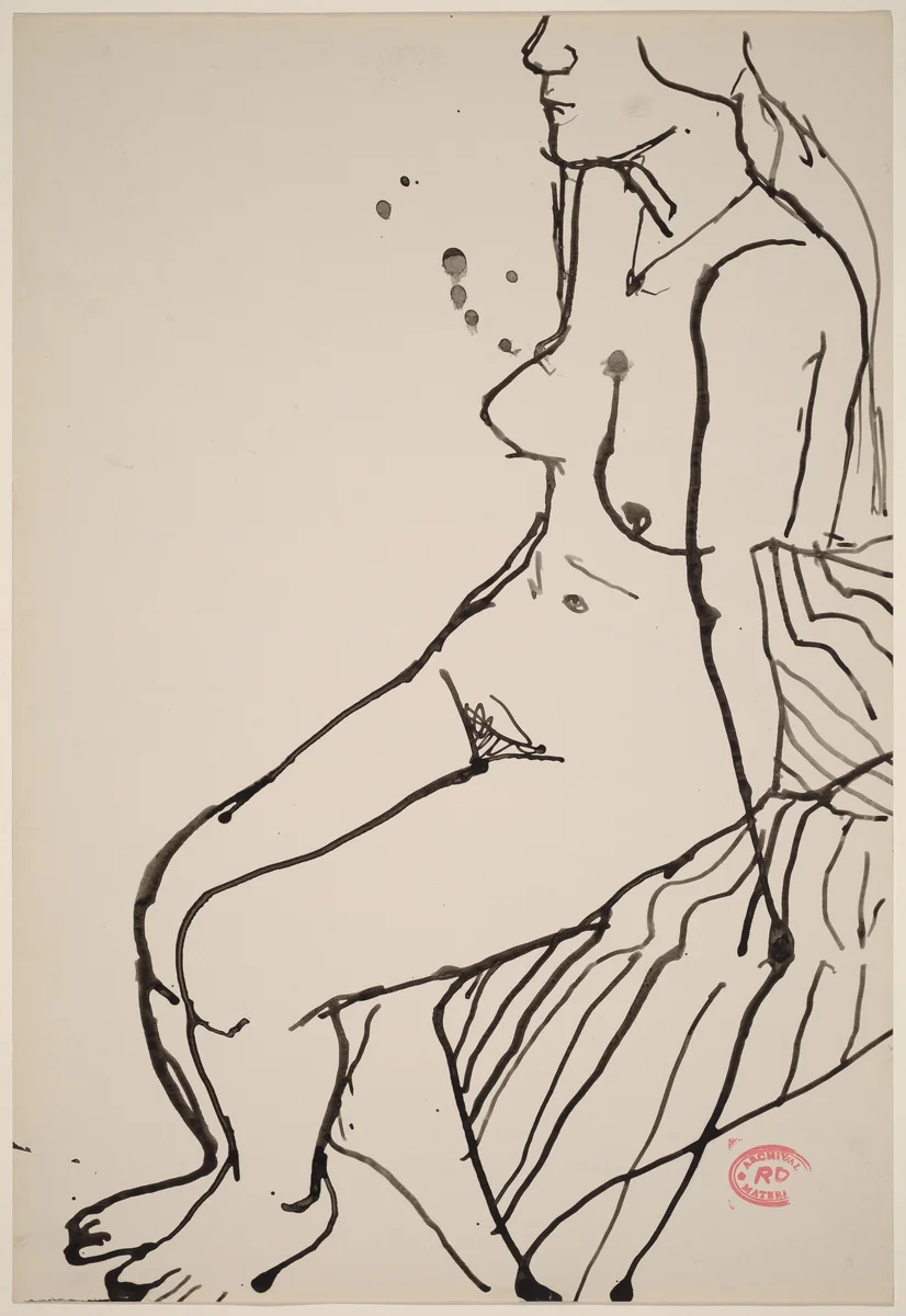 Untitled [female nude seated on striped fabric] by Richard Diebenkorn, drawing, 1955-1967