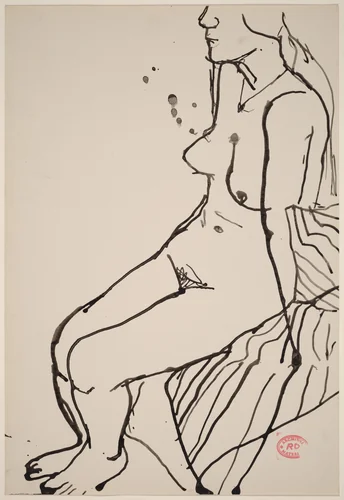 Untitled [female nude seated on striped fabric] by Richard Diebenkorn, drawing, 1955-1967