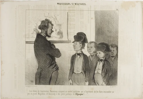 The pupils of the Institute Pascareau are trying their new school uniform which makes them look a little like the great Napoleon and a lot like little newspaper boys, plate 25 from Professeurs Et Moutards by Honoré-Victorin Daumier, print, 1846