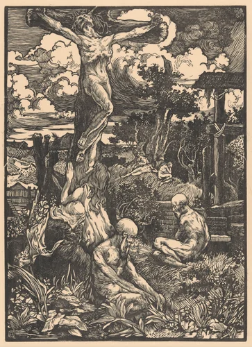 Gekruisigde Christus in heuvellandschap by Johannes Josephus Aarts, print, 1881-1934