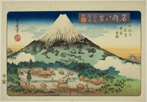 Evening Snow on Mount Fuji, Complete View of the Inner and Middle Shrines at Shimo Sengen (Fuji bosetsu, Shimo Sengen atomiya nakamiya zenzu), from the series "Eight VIews of Famous Places (Meisho hakkei)" by Utagawa Toyoshige, print, 1828-1839