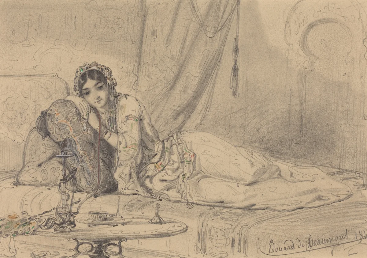 A Middle Eastern Woman Reclining in an Exotic Setting by Edouard de Beaumont, drawing, 1844