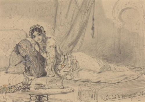 A Middle Eastern Woman Reclining in an Exotic Setting by Edouard de Beaumont, drawing, 1844