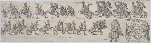 Plate depicting Giovanni Orsino, from a series of twelve showing knights and their attendants dressed for a tournament (plate 7) by anonymous, print, 1565