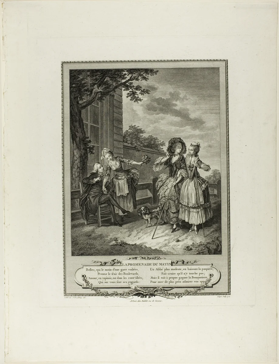 Morning Walk, from Monument du Costume Physique et Moral de la fin du Dix-huitième siècle by Charles Louis Lingée, print, 1774