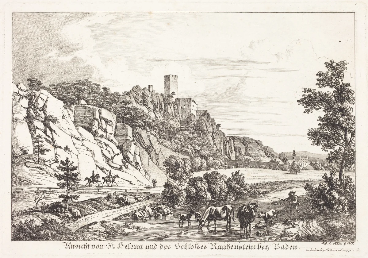 Ansicht von St. Helena und des Schlosses Rauhenstein bey Baden by Johann Adam Klein, print, 1817
