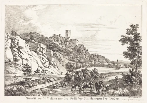 Ansicht von St. Helena und des Schlosses Rauhenstein bey Baden by Johann Adam Klein, print, 1817