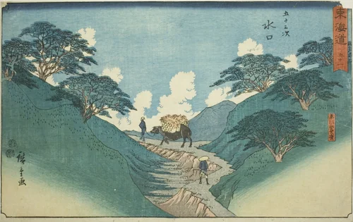 Minakuchi: The Beautiful Pine Trees at Mount Hiramatsu (Minakuchi, Hiramatsuyama bisho)—No. 51, from the series "Fifty-three Stations of the Tokaido (Tokaido gojusan tsugi)," also known as the Reisho Tokaido by Utagawa Hiroshige (歌川広重), photograph, 1842-1857