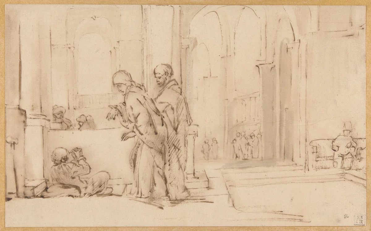Peter and John at the Temple Gate by Willem Drost, drawing, 1626-1669