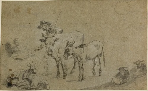 Herdsman with Cow, Donkey, Sheep by Nicolaes Berchem, drawing, 1640-1683