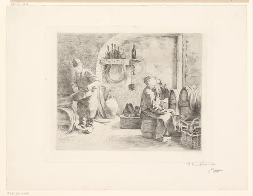 Twee bottelaars in hun werkplaats by Piet Verhaert, print, 1880