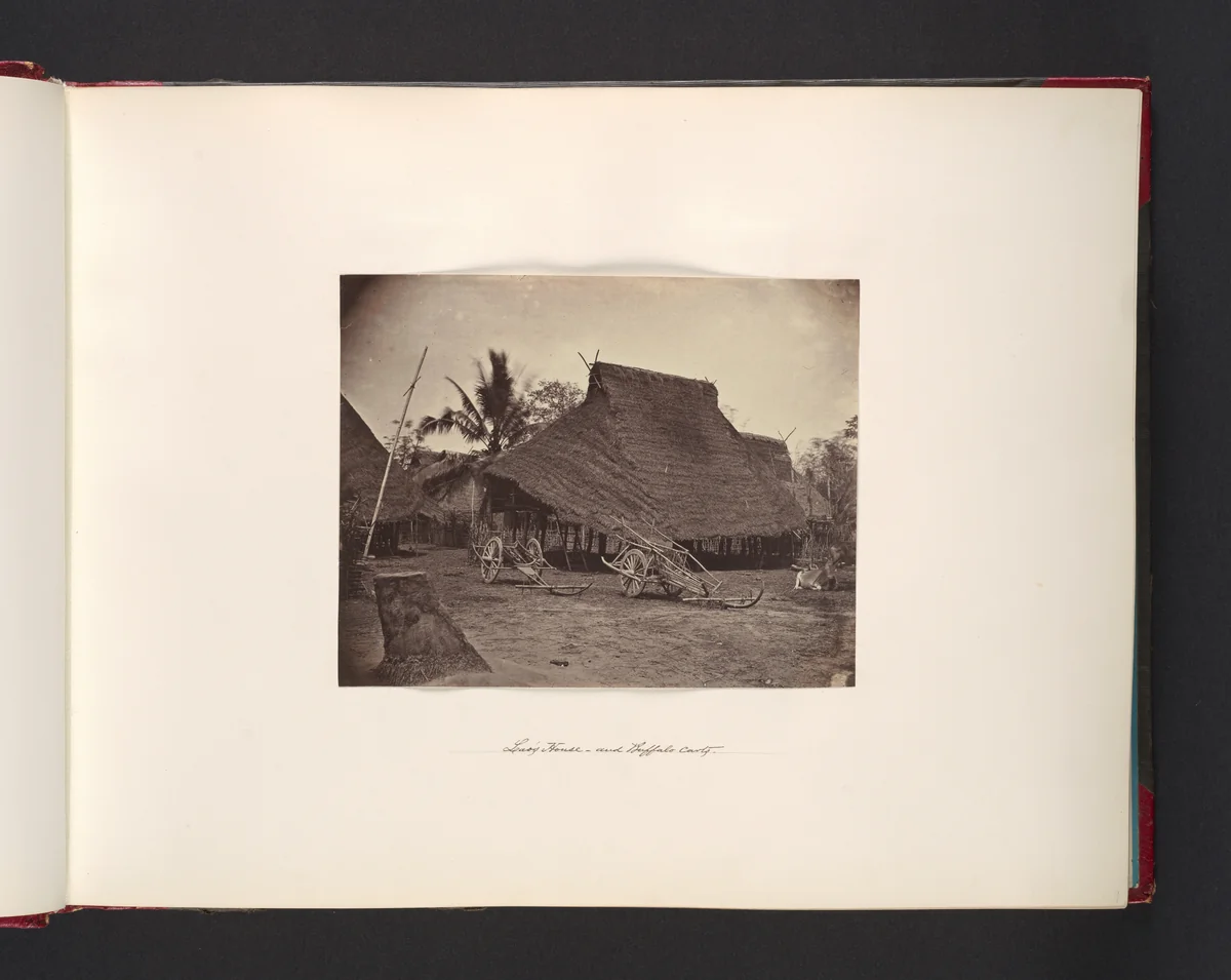 Laos House and Buffalo Carts by John Thomson, photograph, 1865