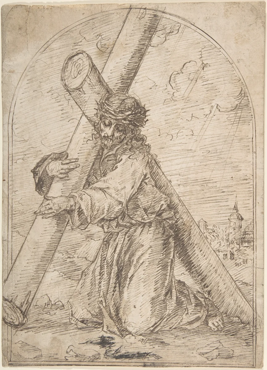 Christ Kneeling, Carrying the Cross by anonymous, drawing, 1500-1600