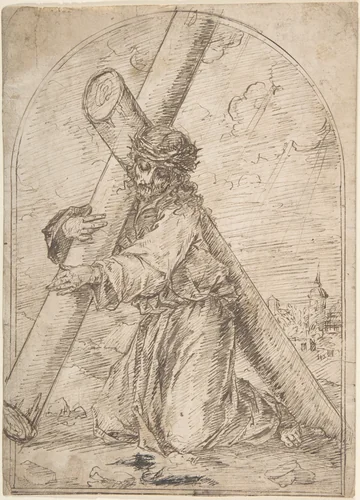 Christ Kneeling, Carrying the Cross by anonymous, drawing, 1500-1600