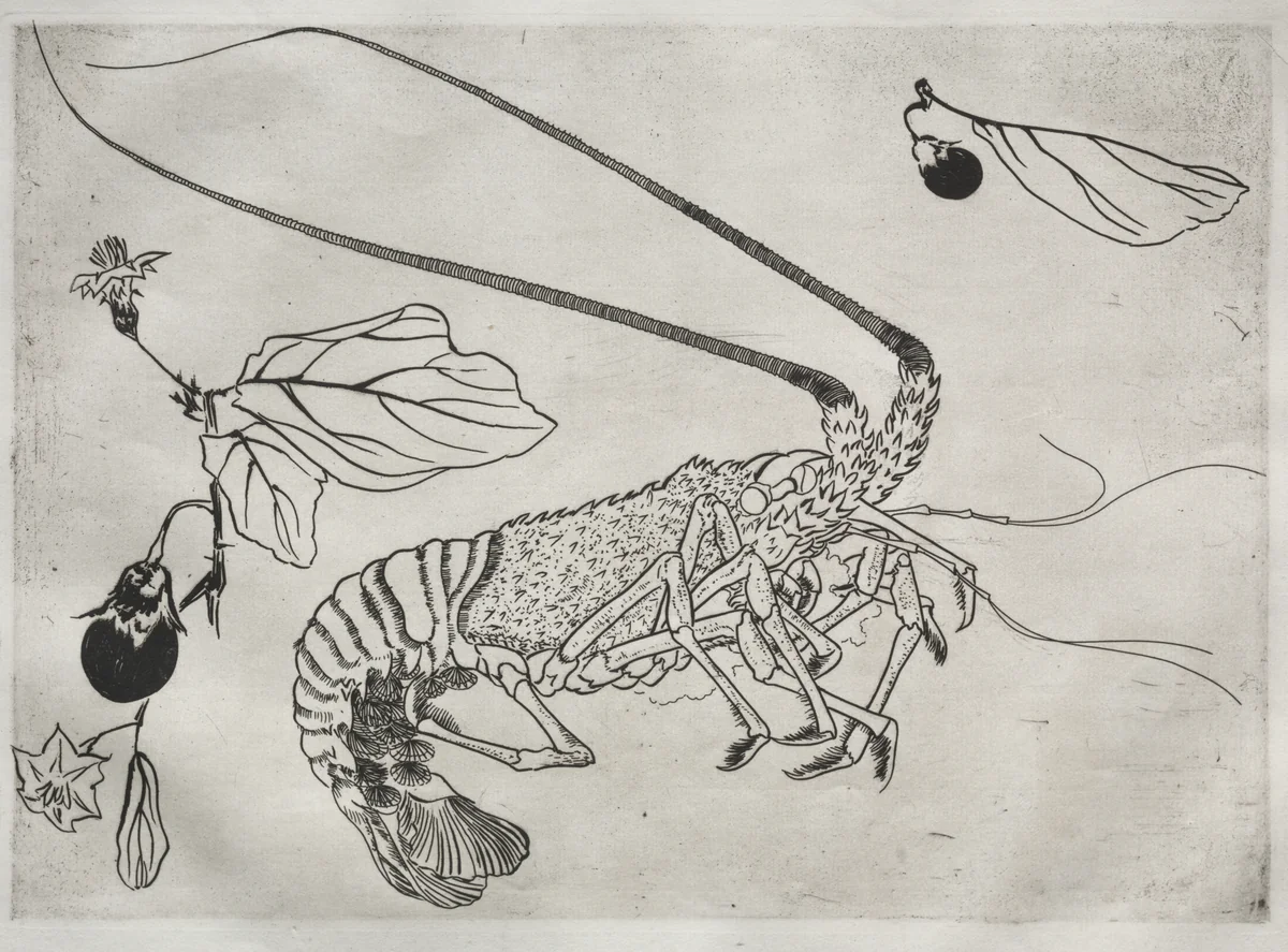 Dinner Service (Rousseau service): Large lobster with raised antenna (no. 21) by Félix Bracquemond, print, 1866