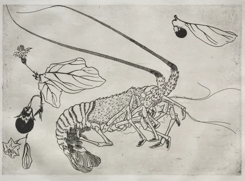 Dinner Service (Rousseau service): Large lobster with raised antenna (no. 21) by Félix Bracquemond, print, 1866