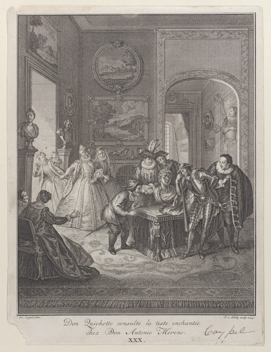 Plate 30: Don Quixote consults the enchanted head at Don Antonio Moreno's house (Don Quichotte consulte la teste enchantée chez Don Antonio Mereno) by Jakob van Schley, print, 1745