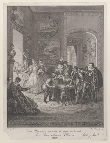 Plate 30: Don Quixote consults the enchanted head at Don Antonio Moreno's house (Don Quichotte consulte la teste enchantée chez Don Antonio Mereno) by Jakob van Schley, print, 1745