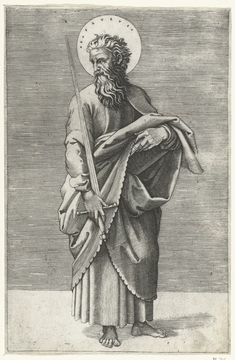 Apostel Paulus met zwaard by Marcantonio Raimondi, print, 1517-1527