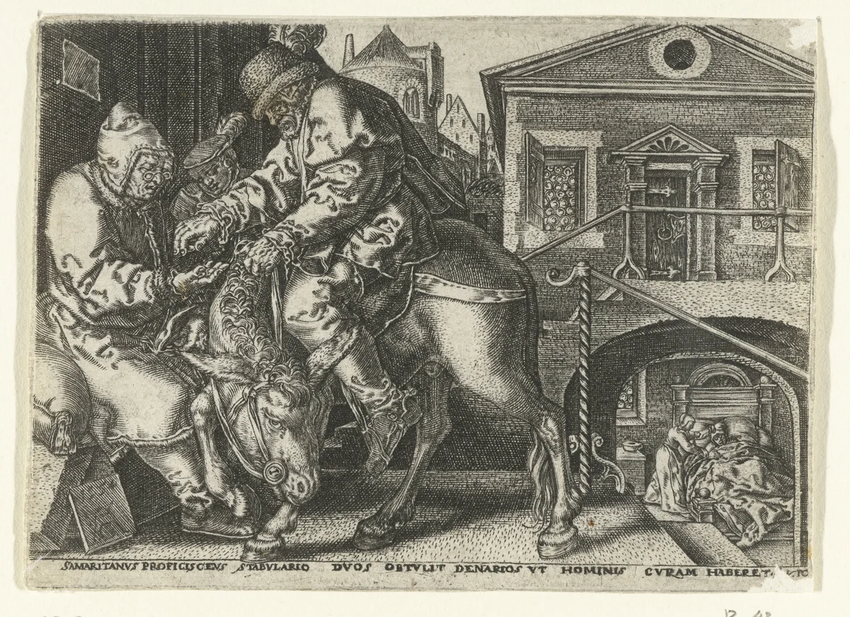 Barmhartige Samaritaan betaalt de herbergier by anonymous, print, 1554-1610