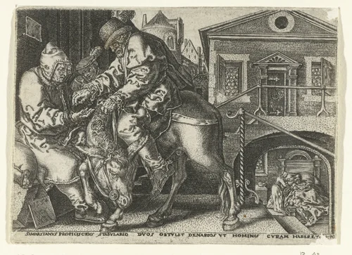 Barmhartige Samaritaan betaalt de herbergier by anonymous, print, 1554-1610