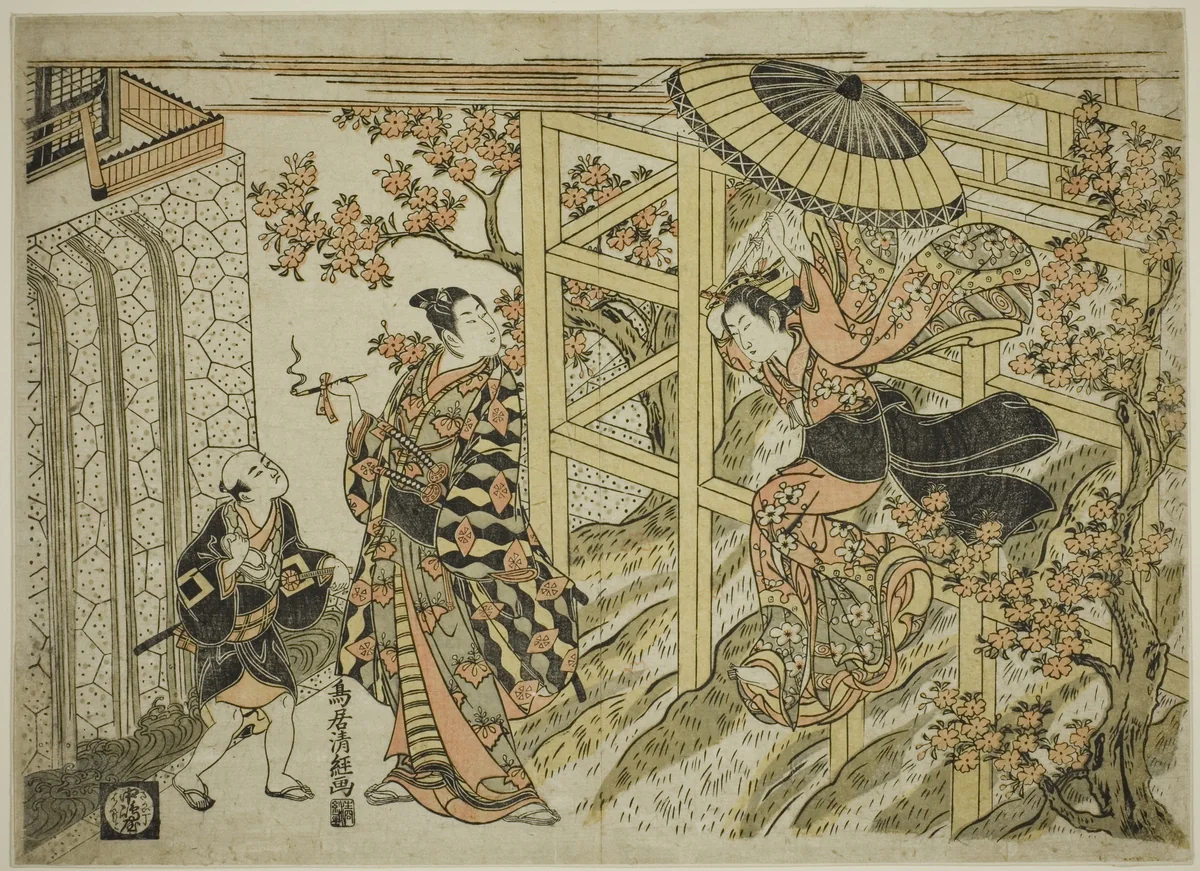 Girl Leaping from Kiyomizu Temple by Torii Kiyotsune (鳥居清経), print, 1760-1775