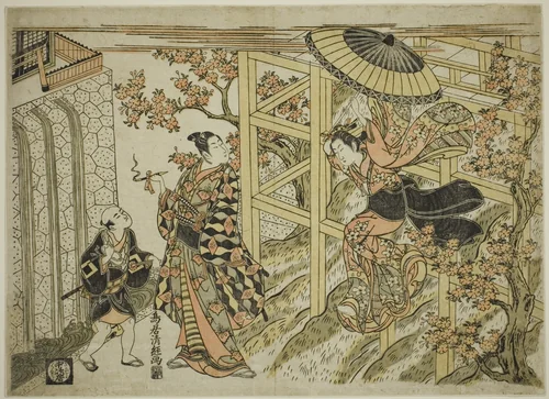 Girl Leaping from Kiyomizu Temple by Torii Kiyotsune (鳥居清経), print, 1760-1775