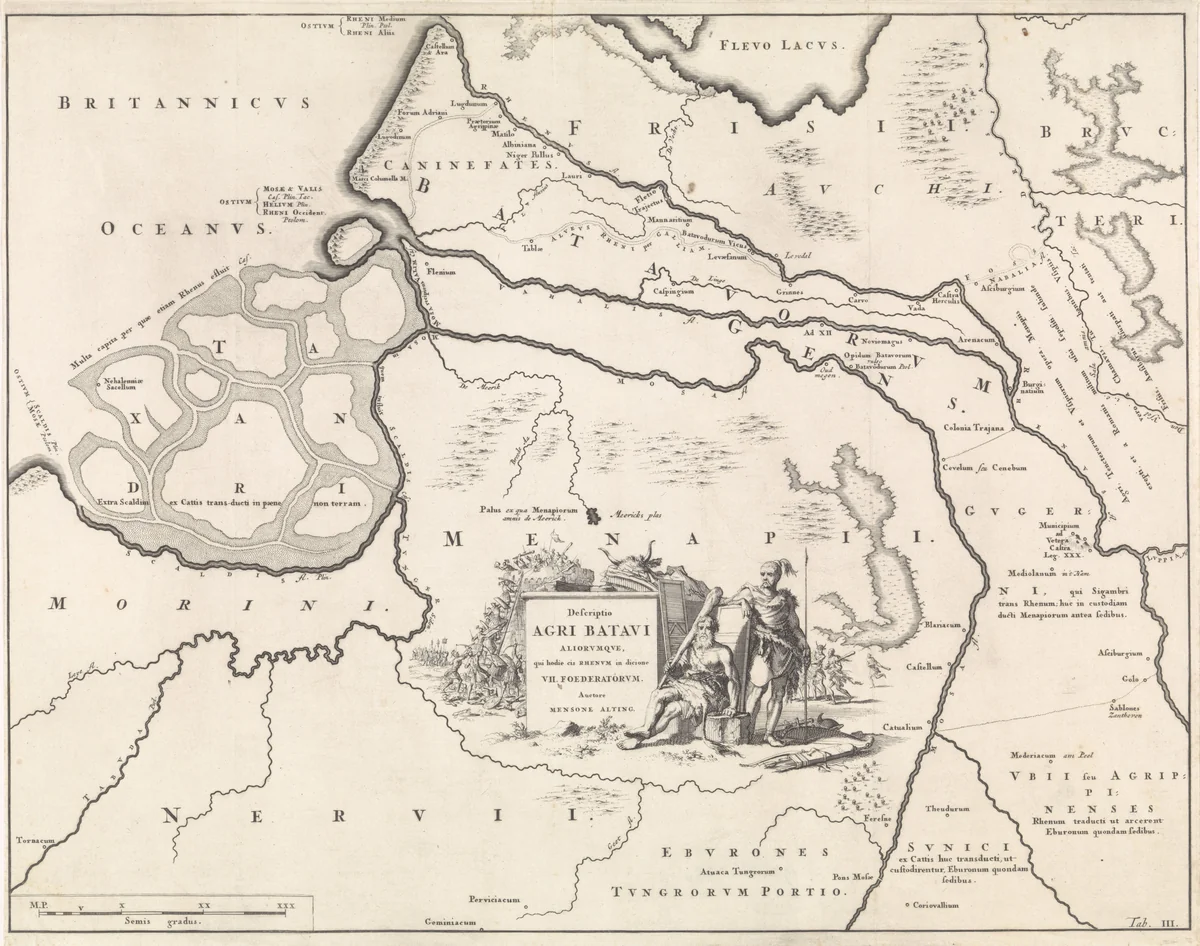 Historische kaart van Nederland met de gebieden van de Bataven en Friezen III by Jan Luyken, print, 1697