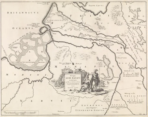 Historische kaart van Nederland met de gebieden van de Bataven en Friezen III by Jan Luyken, print, 1697