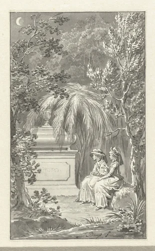 Twee dames zittend bij een graftombe by Jacobus Buys, drawing, 1734-1801
