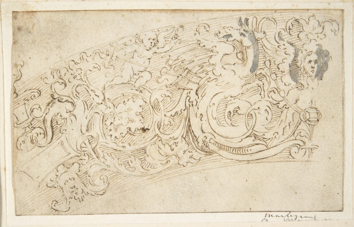 Part of a Circular Frieze with a Sphynx and a Putto with a Hybrid Creature by anonymous, drawing, 1500-1700