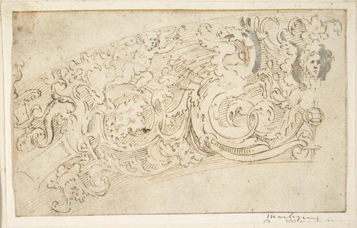 Part of a Circular Frieze with a Sphynx and a Putto with a Hybrid Creature by anonymous, drawing, 1500-1700