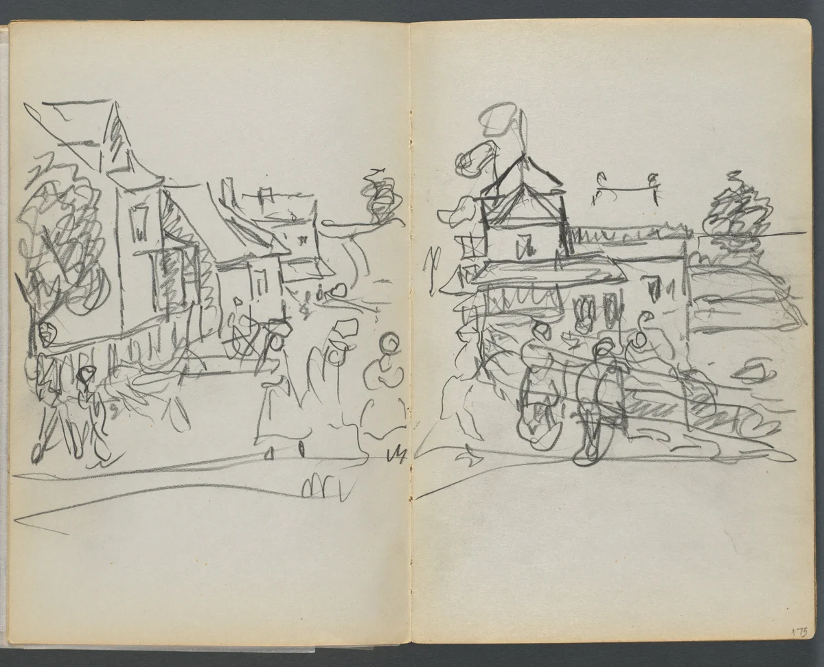Sketchbook, The Dells, N° 127, page 174 & 175: Village with Houses and Road by Maurice Prendergast, book, 1919-1921
