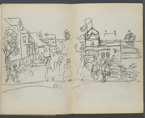 Sketchbook, The Dells, N° 127, page 174 & 175: Village with Houses and Road by Maurice Prendergast, book, 1919-1921