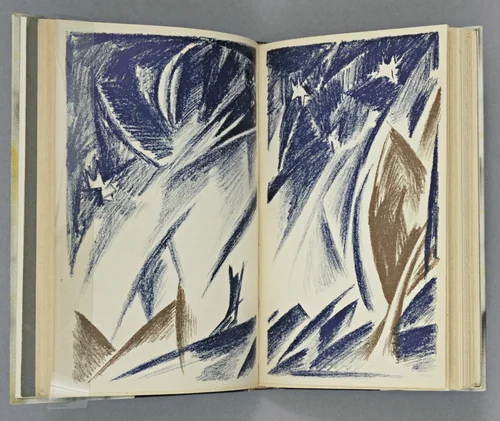 Double page plate (between pages 40 and 41) from Vertogradari Nad Lozami (Gardeners over the Vines) by Natalia Goncharova, illustrated book, 1913