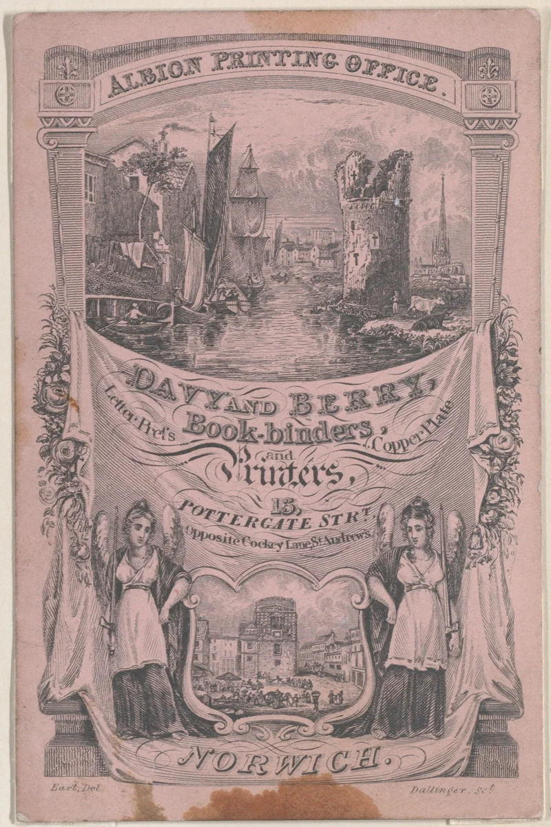Trade card for Davy and Berry, Book-Binder and Printer by Joseph Stephen Dallinger, print, 1800-1900