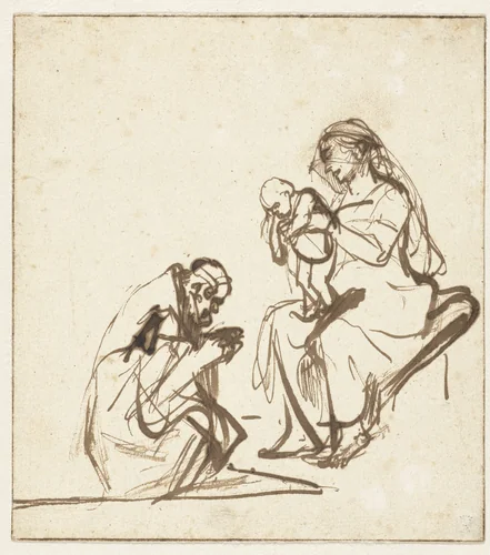 One of the Three Kings Adoring the Virgin and Child by Rembrandt van Rijn, drawing, 1635-1640