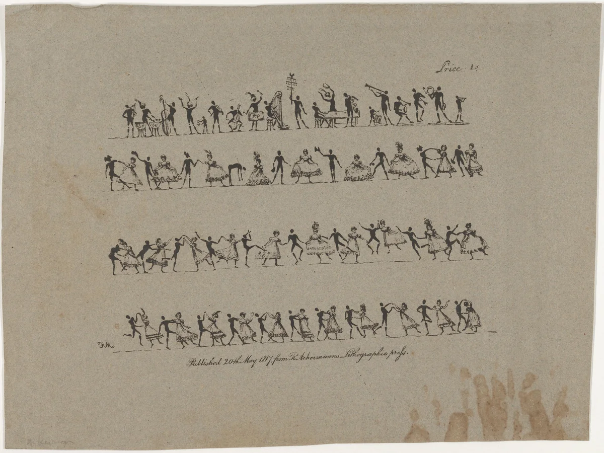 Four Rows of Musicians and Dancers by Rudolph Ackermann, print, 1817