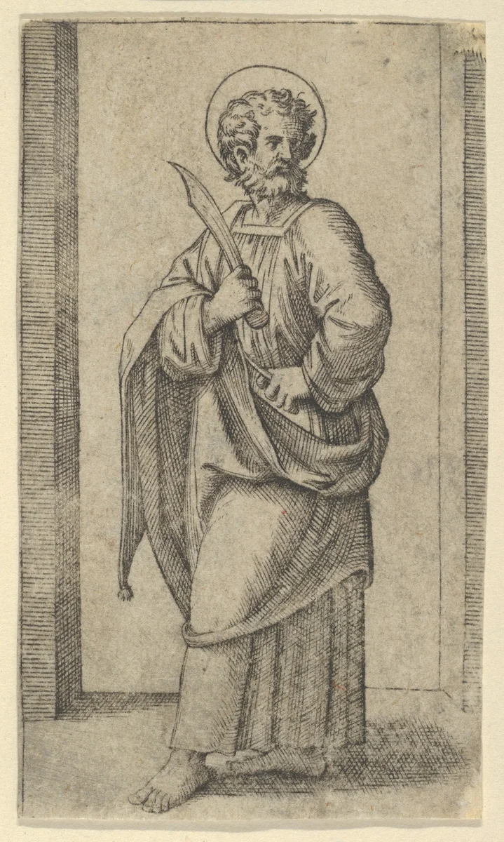 Saint Bartholomew, knife in his right hand, from "Piccoli Santi" (Small Saints) by Marcantonio Raimondi, print, 1495-1532