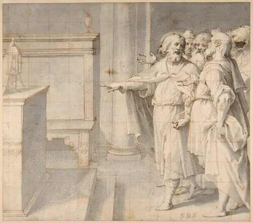 A Male Saint Followed by a Group of Men, Pointing to a Monstrance on an Altar by Giovanni Battista Trotti, drawing, 1555-1619