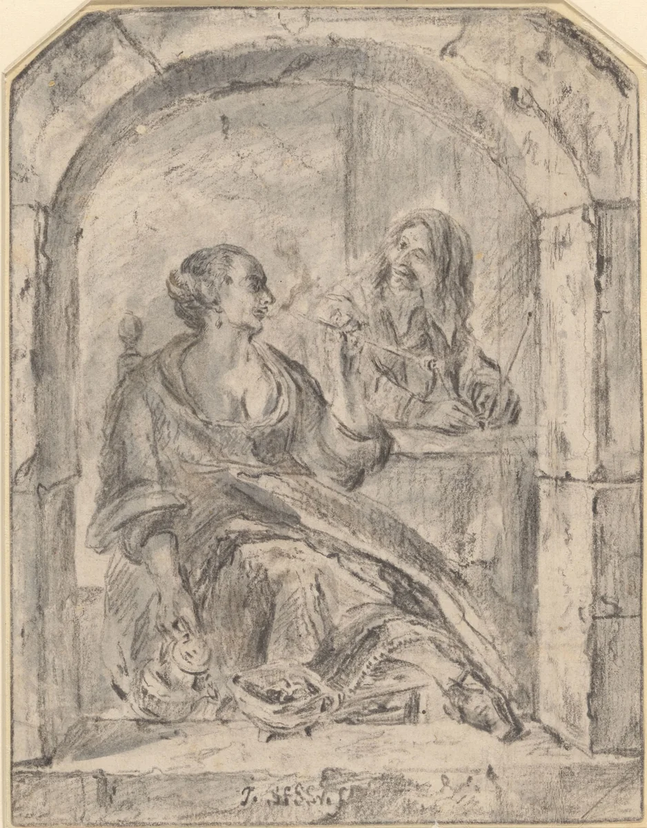 Pijprokende vrouw en een man met twee pijpen by anonymous, drawing, 1635-1729